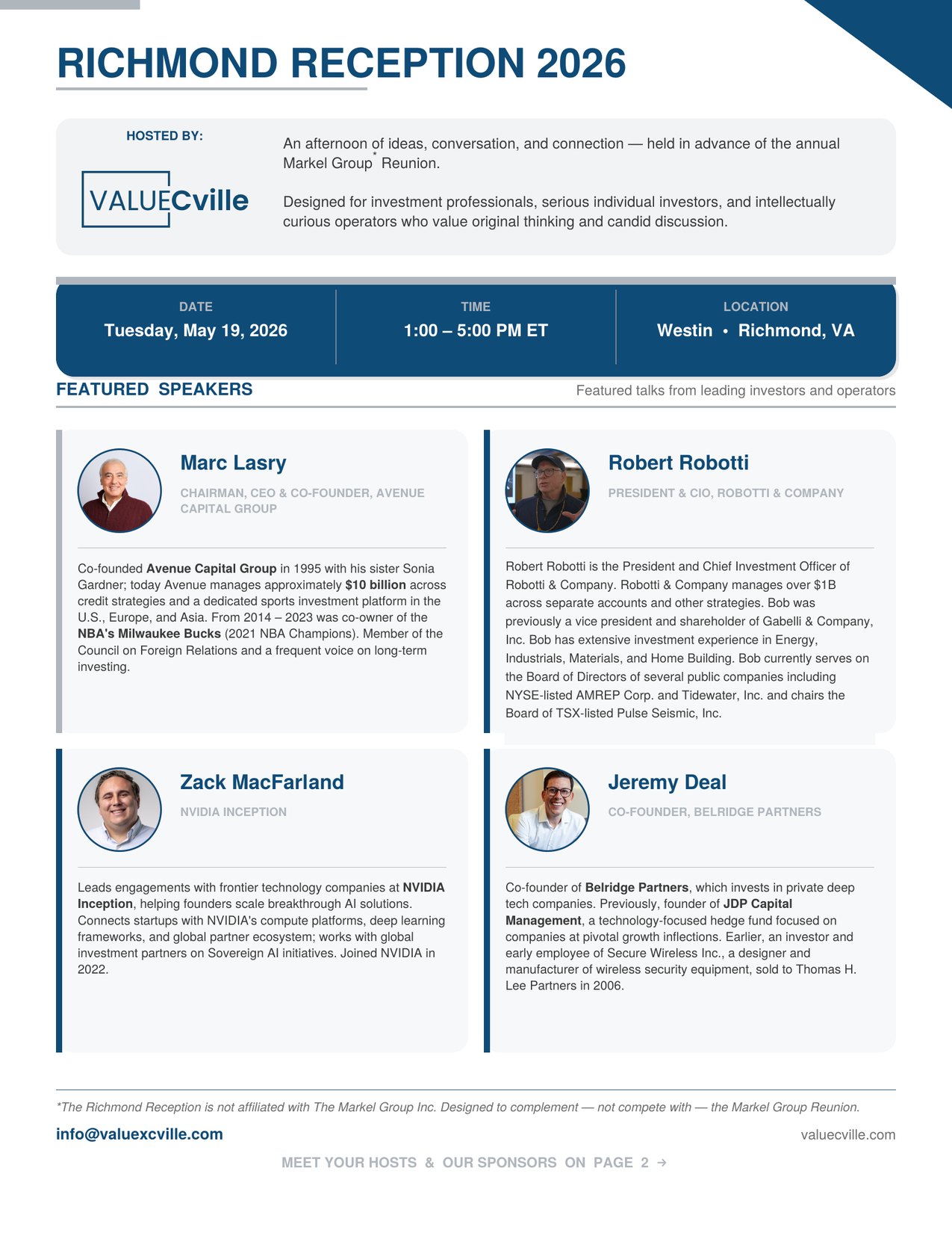 Richmond Reception 2026 flyer, page 1: event details and featured speakers